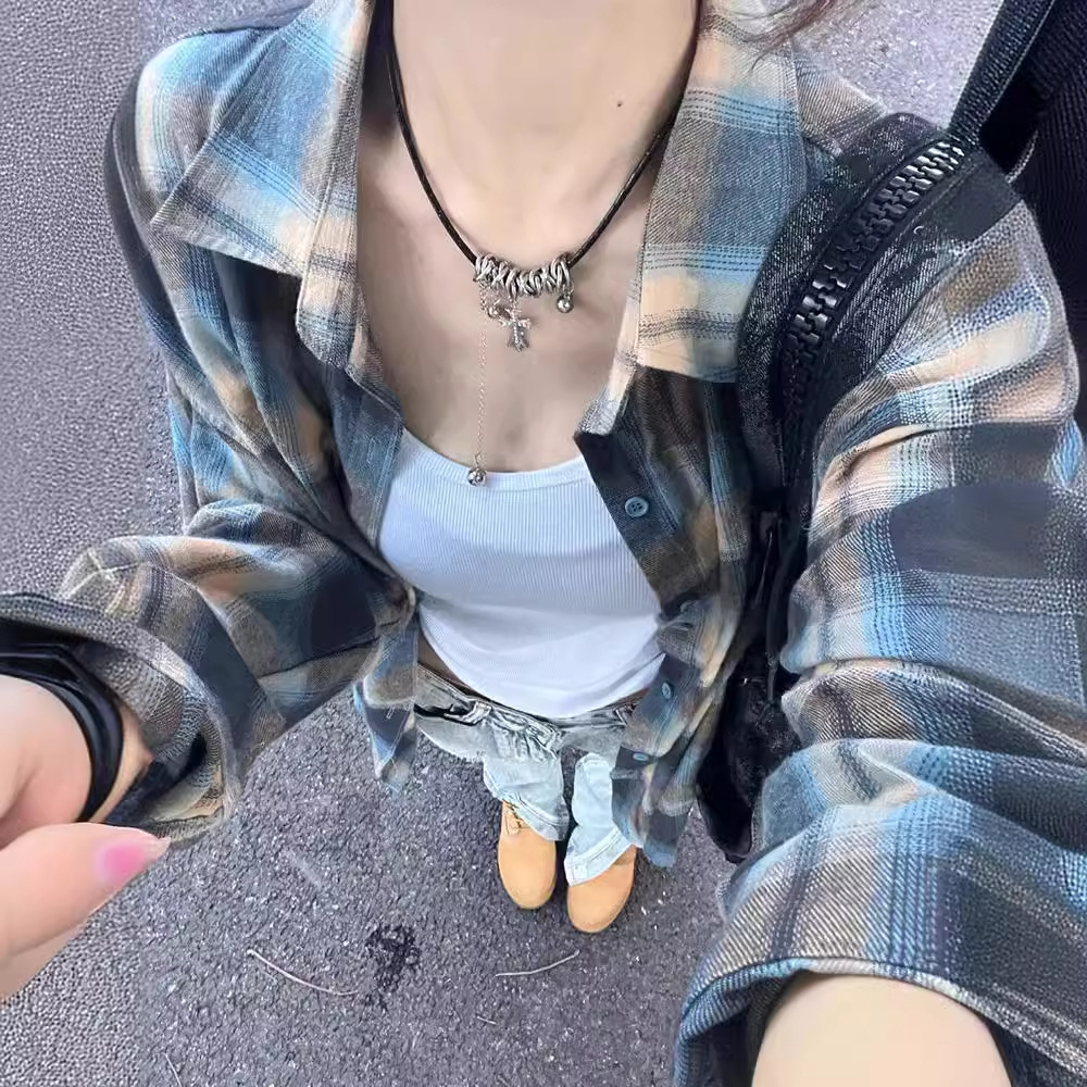 Trendy plaid fashion shirts for men and women niche special shirts for men and women, long-sleeved meat covering, new slimming